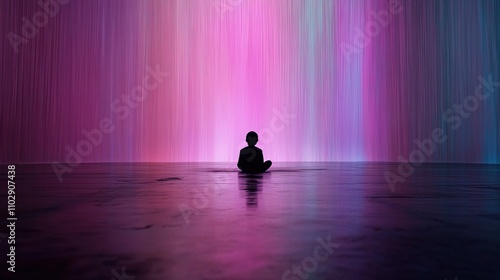 Serene Reflection of a Silhouette in Abstract Colorful Light with Dynamic Flowing Patterns Creating a Meditative and Inspirational Atmosphere for Creative Projects