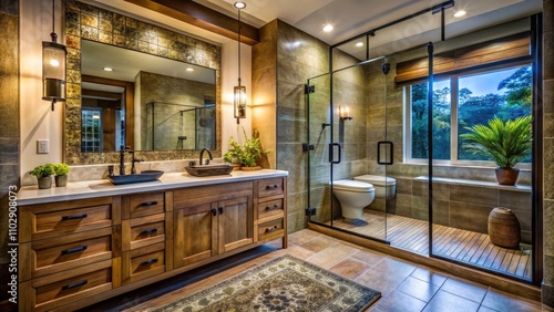 Low Light Bathroom Photography: Wood Vanity, Custom Tile Shower, Sliding Glass Door
