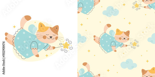 Cute fairy tale cat seamless pattern