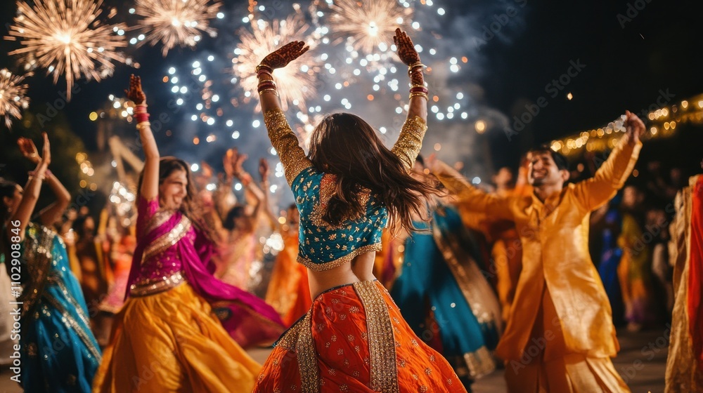 Fototapeta premium Vibrant Dance Celebration During Festive Night with Fireworks