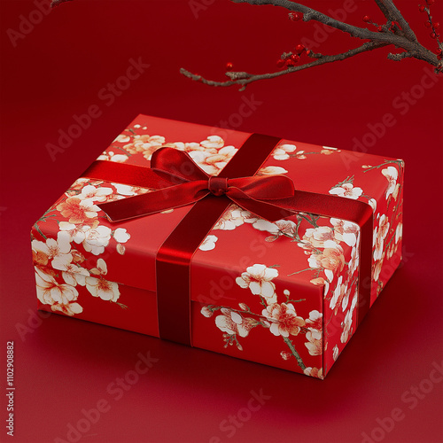 Red-themed background with floating gift boxes and ornaments for chinese new year photo