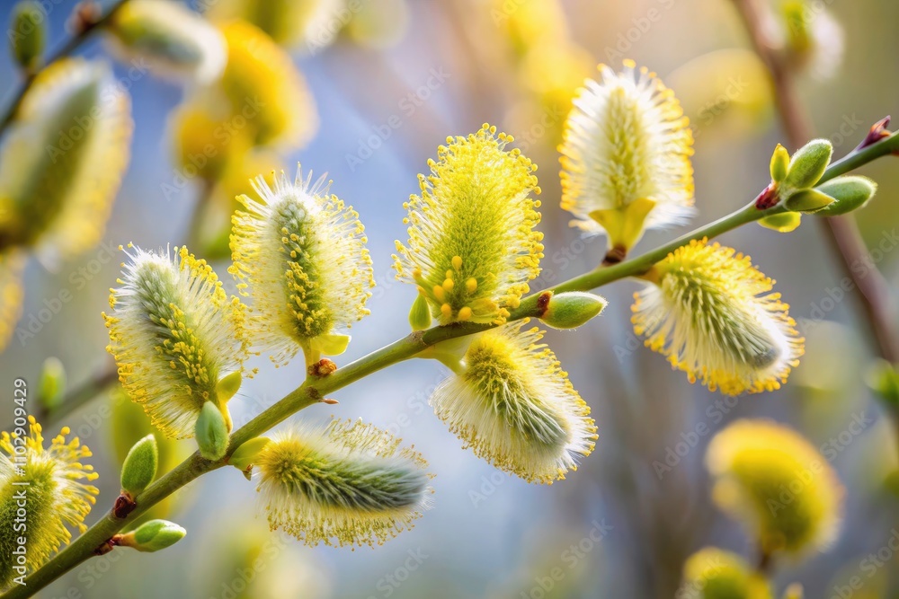 Fototapeta premium Minimalist Blooming Salix Willow Detail Photography: Close-up Spring Branch Texture