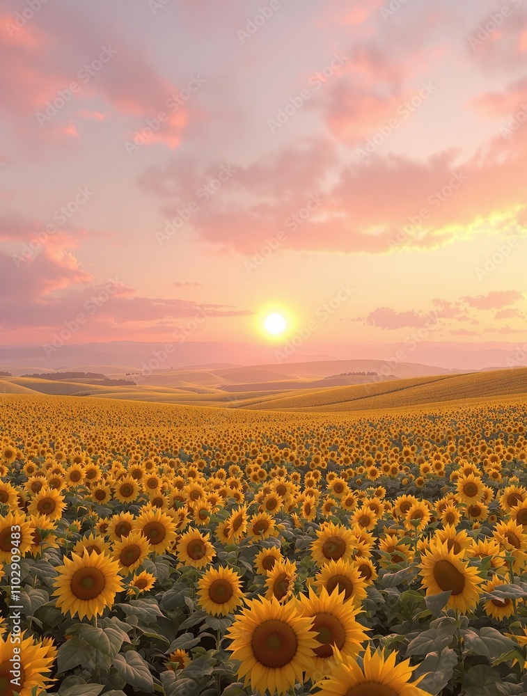 Fototapeta premium Soft pinks and peaches dominate the sky as a beautiful sunset slowly rises above a rolling sunflower field, warm colors, gentle glow, rural scene, natural hues