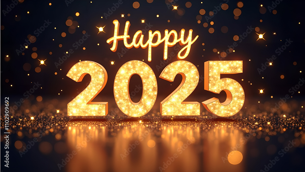 Happy New Year 2025 with golden sparkling lights. Concept of celebration, party, and holiday. Happy New Year 2025 with golden sparkling lights. Concept of celebration, party, and holiday.