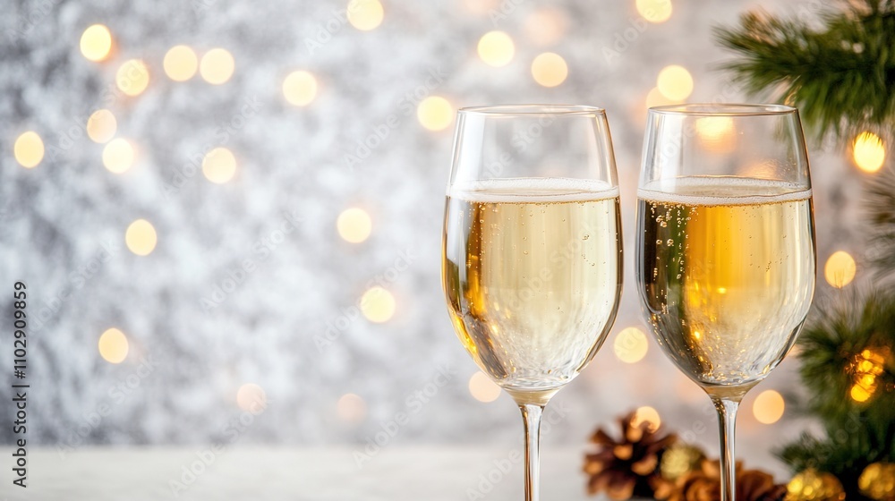 Elegant Champagne Glasses Toasting in Front of Glimmering Holiday Lights with Pine Cones and Greenery Creating a Festive Atmosphere for Celebrations and Gatherings Elegant Champagne Glasses Toasting in Front of Glimmering Holiday Lights with Pine Cones and Greenery Creating a Festive Atmosphere for Celebrations and Gatherings