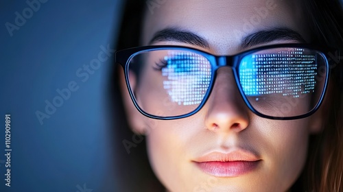 Close-up Portrait of a Woman with Glasses Reflecting Digital Code, Emphasizing Technology, Data, and Innovation in a Modern World