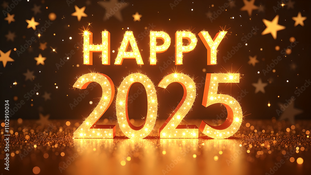 Happy New Year 2025 with golden lights. Concept of celebration, holiday, and future. Happy New Year 2025 with golden lights. Concept of celebration, holiday, and future.