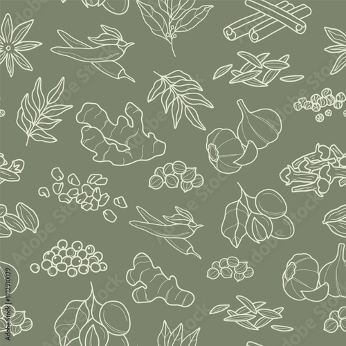 Hand drawn curry spices seamless pattern