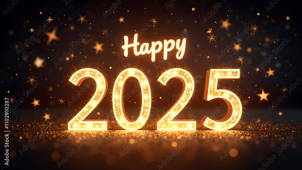 Happy New Year 2025 with golden lights. Concept of celebration, party, and holiday. Happy New Year 2025 with golden lights. Concept of celebration, party, and holiday.