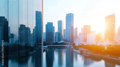 Vibrant City Skyline with Reflective Glass Buildings and Serene River at Sunset  Showcasing Urban Development and Natural Beauty in Modern Architecture