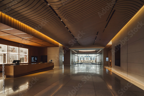 Modern lobby with undulating ceiling, polished floors evoke refined, spacious atmosphere photo