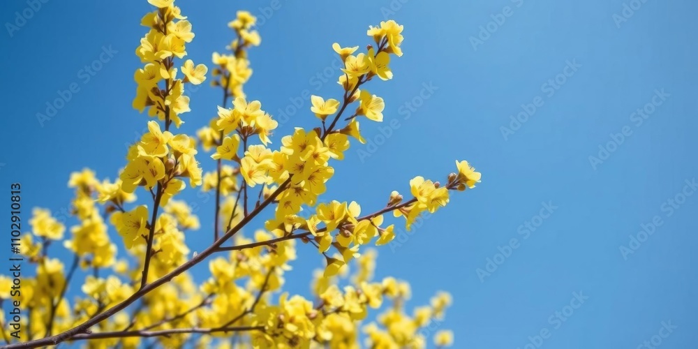 Beautiful spring scene with a vibrant yellow branch frame against a clear blue sky, perfect for text overlay, nature, background Beautiful spring scene with a vibrant yellow branch frame against a clear blue sky, perfect for text overlay, nature, background