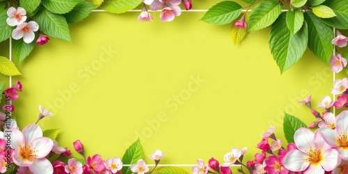Beautiful spring floral frame with colorful flowers and green leaves, perfect for adding text in the middle, fresh, vibrant