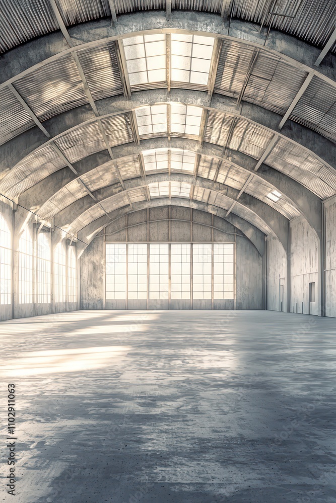 3D illustrated spacious warehouse with an empty curved roof design. 3D illustrated spacious warehouse with an empty curved roof design.