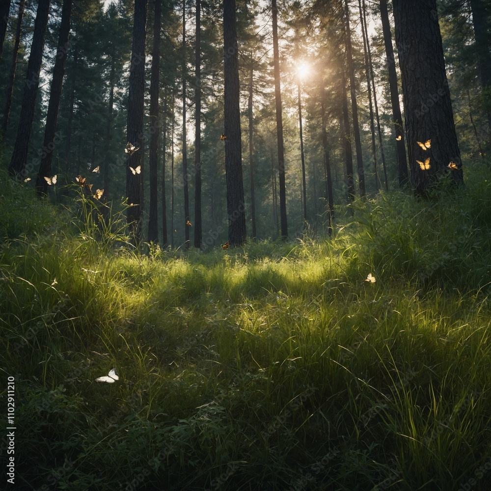 A peaceful mountain forest clearing, with tall grass and butterflies flitting about. A peaceful mountain forest clearing, with tall grass and butterflies flitting about.