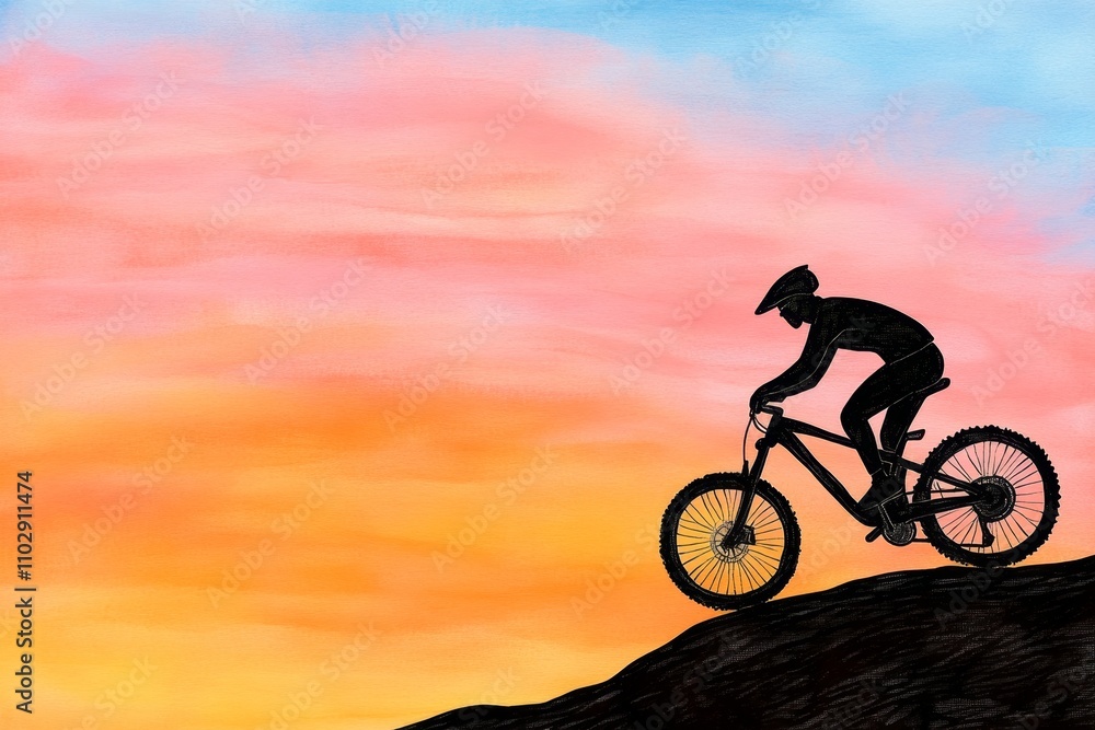 Obraz premium A dreamy watercolor depiction of a cyclist riding along a mountain trail, with flowing strokes and vibrant hues