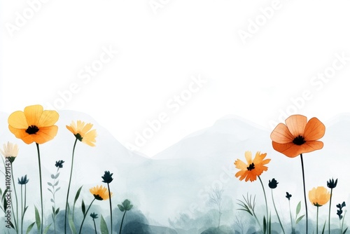 Fototapeta Naklejka Na Ścianę i Meble -  A dreamy watercolor composition of a summer meadow on Bjelasnica, with vibrant flowers and a hazy blue mountain backdrop