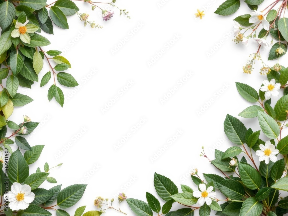 Fototapeta premium Botanical leaves and flowers create a lush frame around a central isolated white space, botanical frame, flowers
