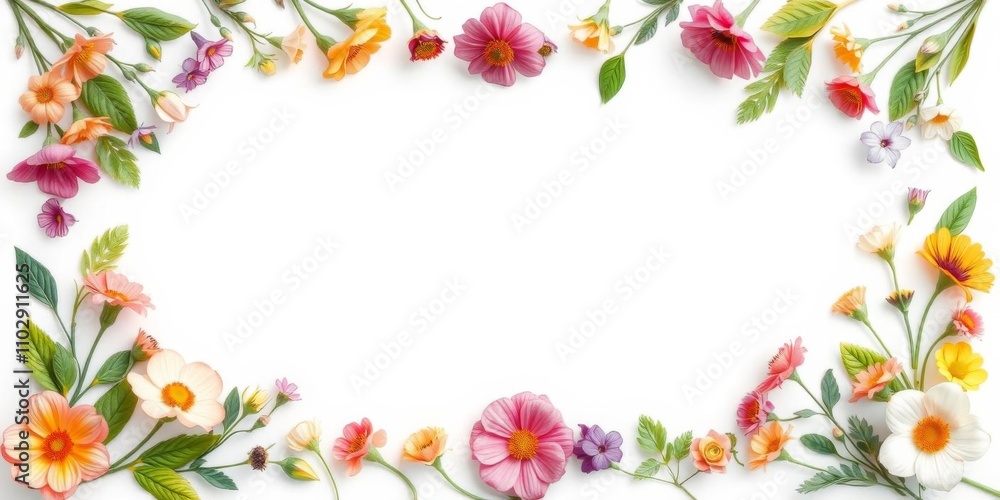 Botanical floral border with vivid flowers creating frame, white copy space, top view flat lay, border, top view Botanical floral border with vivid flowers creating frame, white copy space, top view flat lay, border, top view