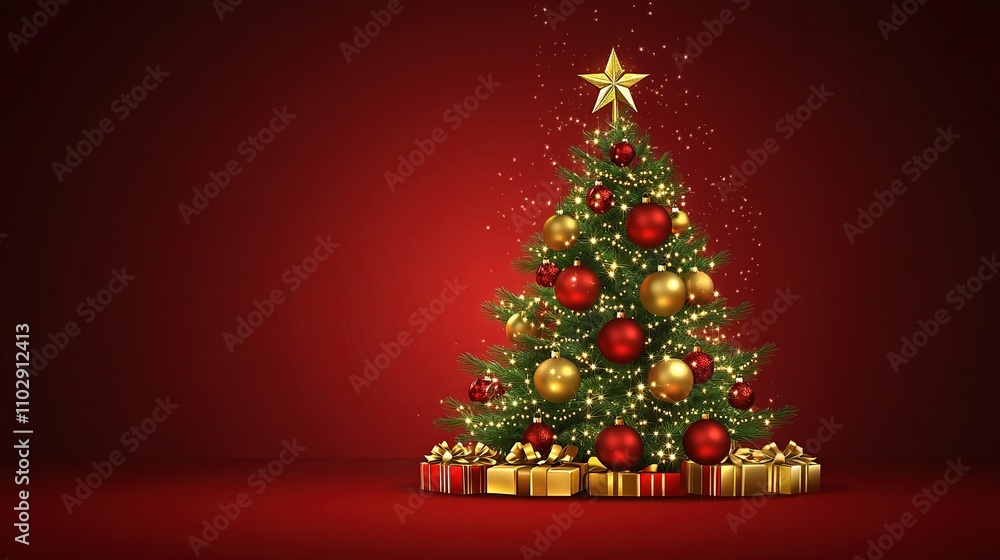 Obraz premium Beautiful Christmas Tree with Decorations and Gifts on Red Background