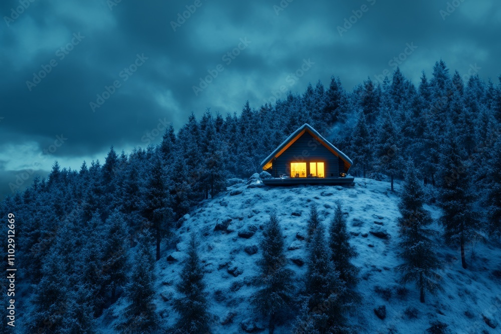A gothic winter scene of Bjelasnica with dark, snow-covered trees, ominous clouds, and a lone cabin glowing faintly in the distance A gothic winter scene of Bjelasnica with dark, snow-covered trees, ominous clouds, and a lone cabin glowing faintly in the distance