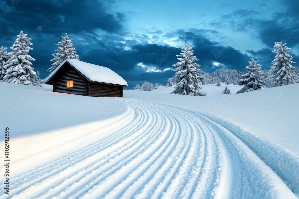 A gothic winter scene of Bjelasnica with dark, snow-covered trees, ominous clouds, and a lone cabin glowing faintly in the distance A gothic winter scene of Bjelasnica with dark, snow-covered trees, ominous clouds, and a lone cabin glowing faintly in the distance