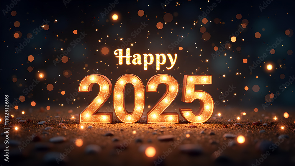 Happy New Year 2025 with glowing lights. Festive celebration concept. Happy New Year 2025 with glowing lights. Festive celebration concept.