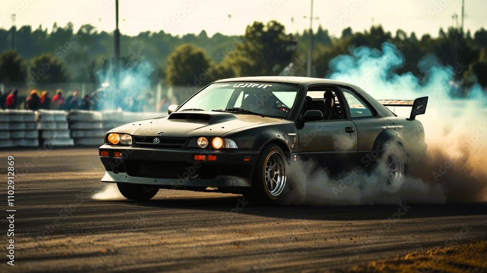 high speed car rushes down the street of a night city, car drifting, old racing car driving, high speed car rushes down the street of a night city, car drifting, old racing car driving,