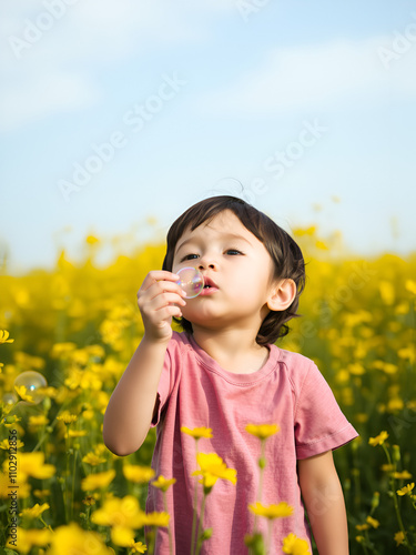 A child blowing bubbles in a field of yellow flowers, capturing the light-hearted joy of childhood photo