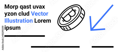 Cryptocurrency coin with Bitcoin symbol, blue arrow, text placeholders, and black lines. Ideal for financial websites, cryptocurrency blogs, fintech apps, online courses, investment guides, marketing
