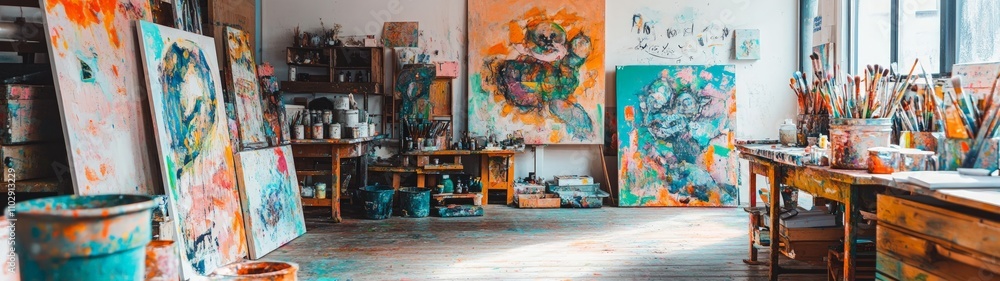 Fototapeta premium Vibrant Art Studio, a lively space brimming with colorful canvases, paint pots, and inspiring quotes, inviting creativity and artistic expression in every corner.