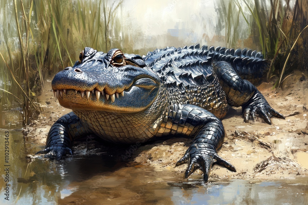 Fototapeta premium Alligator Resting Near Water In Swampy Habitat
