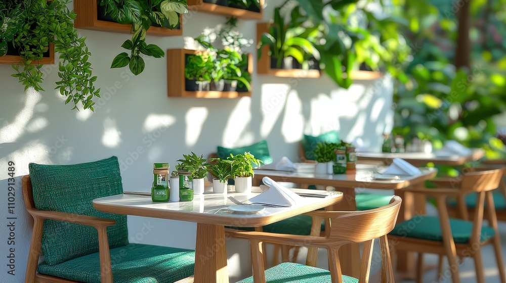Obraz premium Modern Restaurant Interior Design Sunlight Plants Green Decor