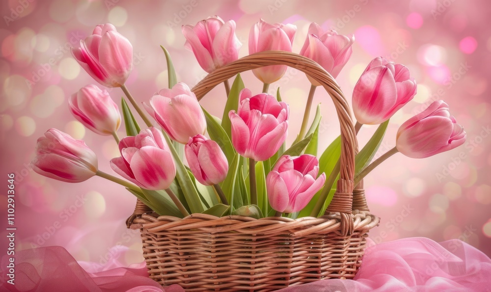 Basket of pink tulip flowers on a pink spring background Basket of pink tulip flowers on a pink spring background