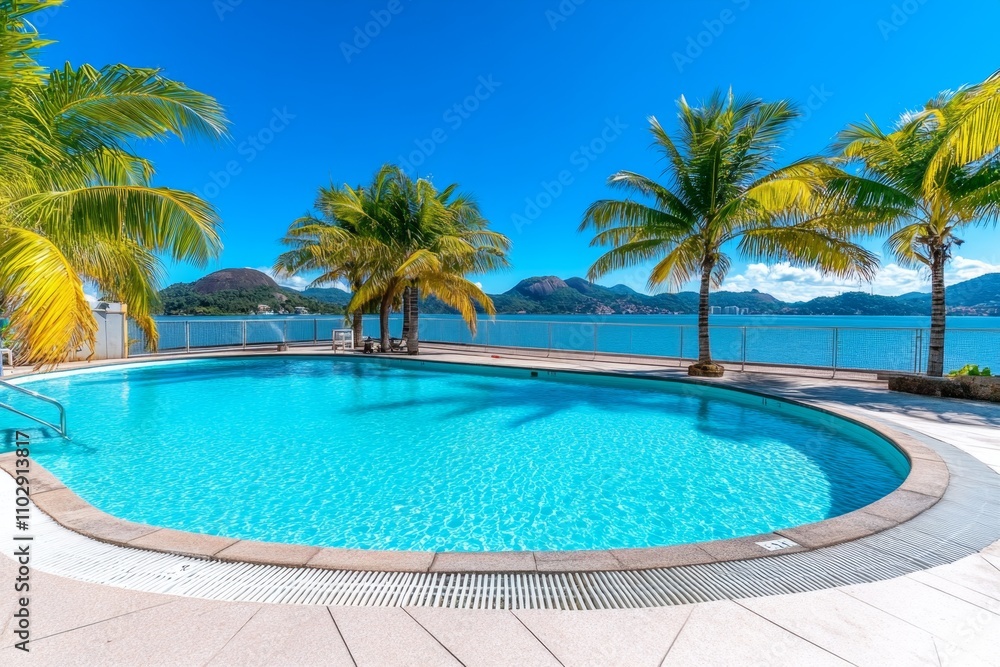 A luxurious hotel pool overlooking the ocean in Florianópolis, with palm trees swaying gently in the breeze A luxurious hotel pool overlooking the ocean in Florianópolis, with palm trees swaying gently in the breeze