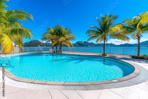 A luxurious hotel pool overlooking the ocean in FlorianÃ³polis, with palm trees swaying gently in the breeze