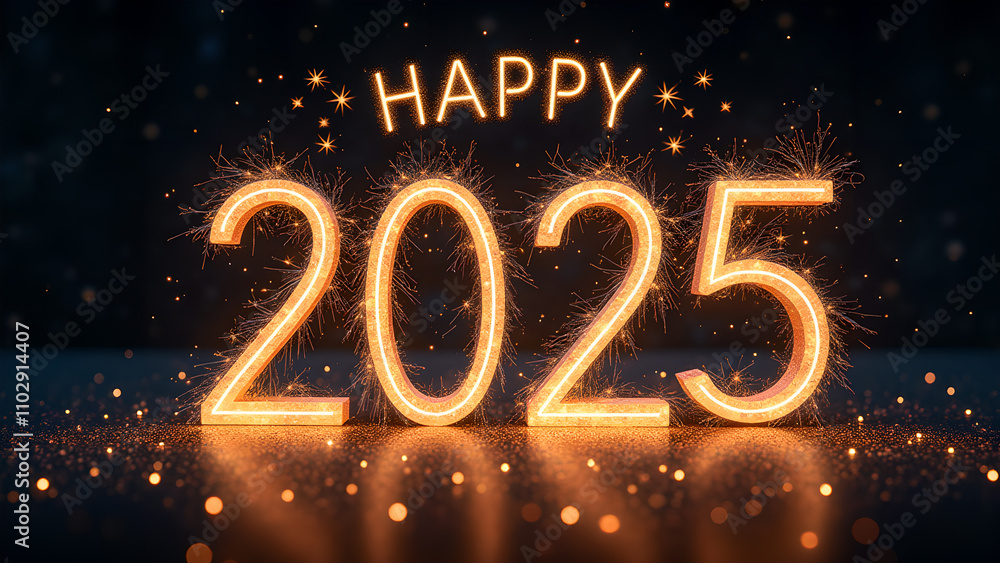 Happy New Year 2025 with Sparkling Lights. Concept of celebration, hope, and new beginnings. Happy New Year 2025 with Sparkling Lights. Concept of celebration, hope, and new beginnings.