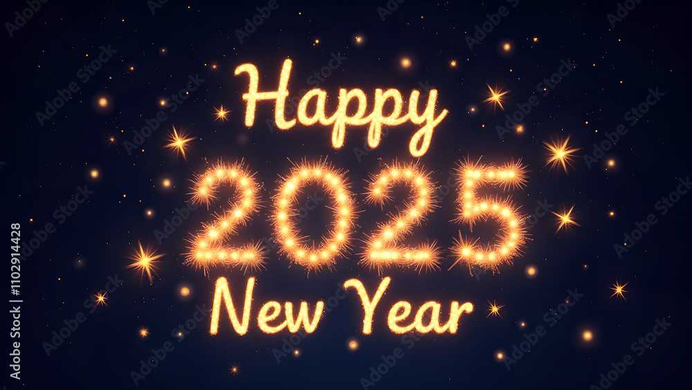Happy New Year 2025 greeting card with golden lights. Concept of celebration, holiday, and party. Happy New Year 2025 greeting card with golden lights. Concept of celebration, holiday, and party.