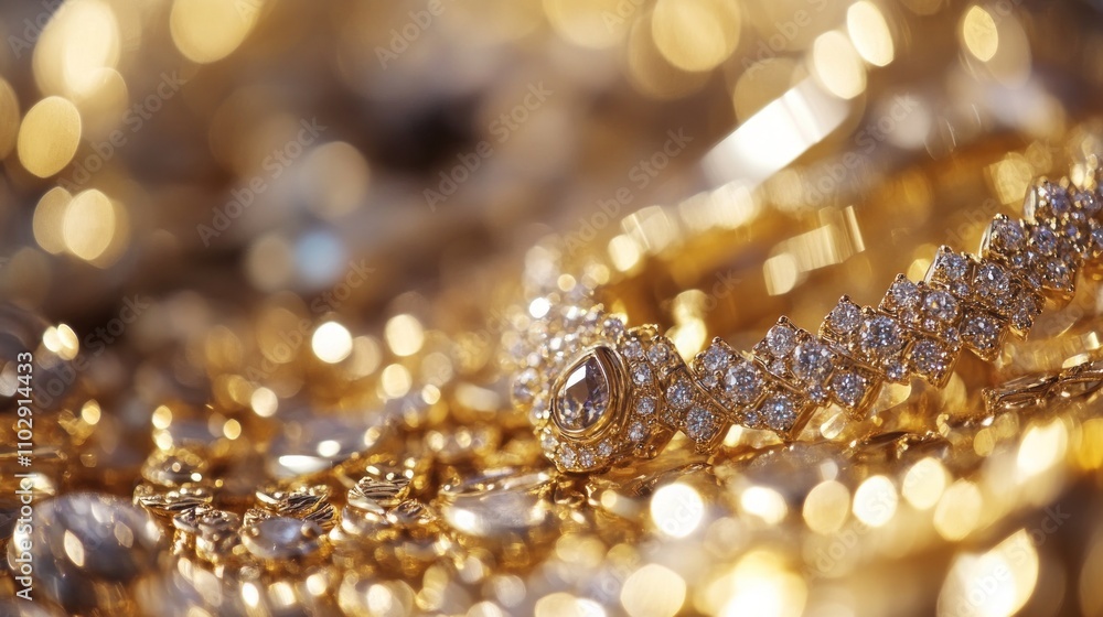 Close-up of a diamond bracelet surrounded by sparkling gold jewelry Close-up of a diamond bracelet surrounded by sparkling gold jewelry