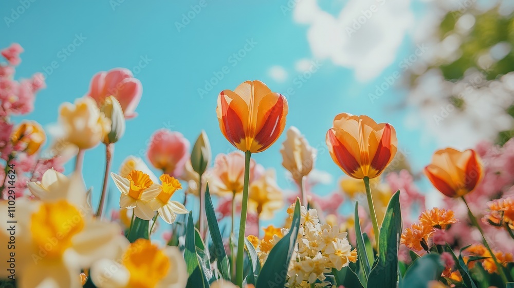 Vibrant Spring Garden, a colorful display of blooming tulips and daffodils under a clear blue sky, ideal for seasonal promotions and floral themes. Vibrant Spring Garden, a colorful display of blooming tulips and daffodils under a clear blue sky, ideal for seasonal promotions and floral themes.