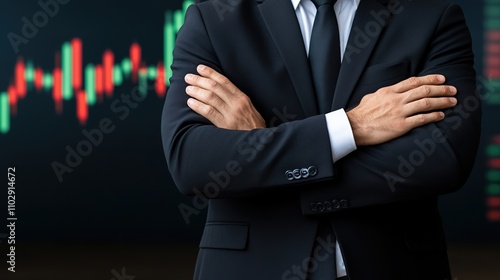 Confident Businessman with Crossed Arms Standing in Front of Financial Charts, Symbolizing Success and Determination in Investment and Trading Strategies