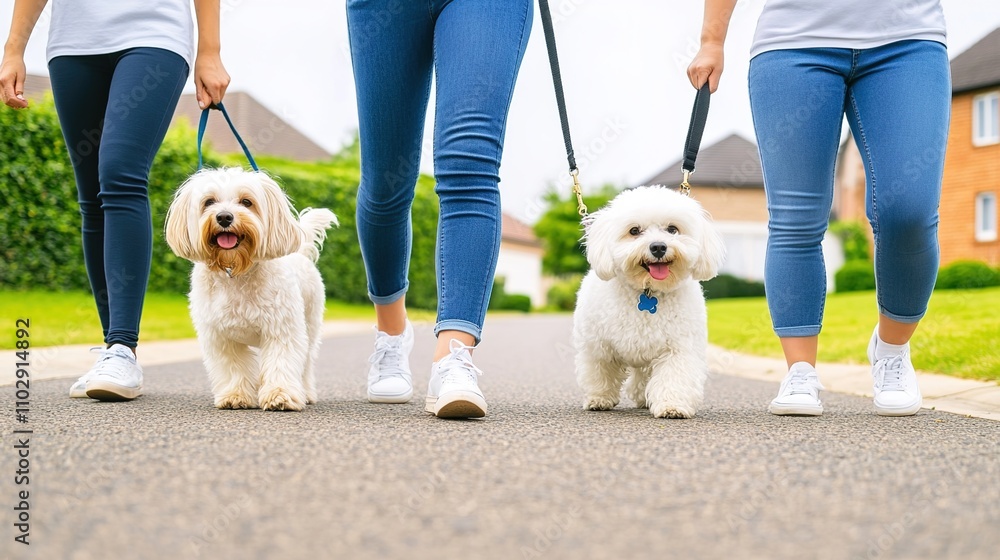 Two Women Walking Their Playful Dogs on a Sunny Day in a Beautiful Neighborhood Surrounded by Lush Green Grass and Charming Houses Two Women Walking Their Playful Dogs on a Sunny Day in a Beautiful Neighborhood Surrounded by Lush Green Grass and Charming Houses