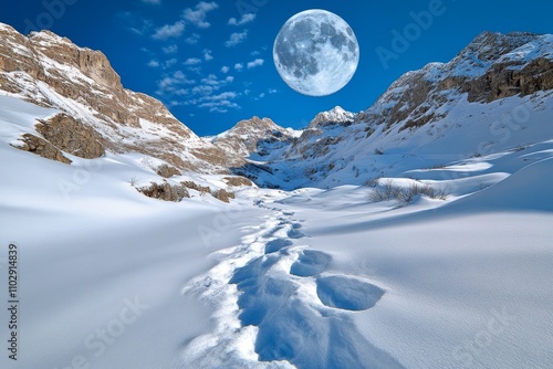 A moody, gothic depiction of Bjelasnica peaks under a full moon, with snow glistening eerily in the dark photo