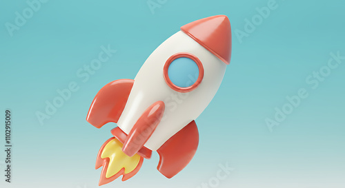 3D Render of a Cute Cartoon Rocket Launching Against a Light Blue Background