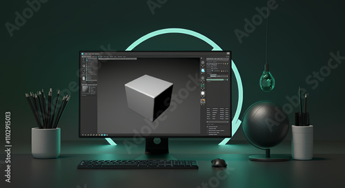 Modern 3D Modeling Workstation with Neon Lighting - Clean Desk Setup