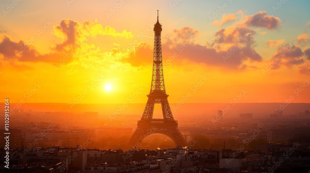 Naklejka premium Vibrant sunset silhouettes iconic landmarks, showcasing the city's beauty against a colorful sky, perfect for evoking a sense of wonder and tranquility.