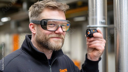 Professional Male Engineer in Safety Goggles Operating Measurement Tool Inside Industrial Manufacturing Facility