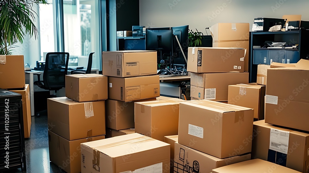 Cardboard boxes are piled high, creating an interesting visual in the work environment. Cardboard boxes are piled high, creating an interesting visual in the work environment.