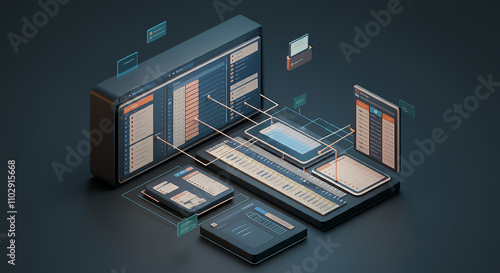 Isometric Illustration of a Modern Music Production Software Interface with Multiple Connected Devices