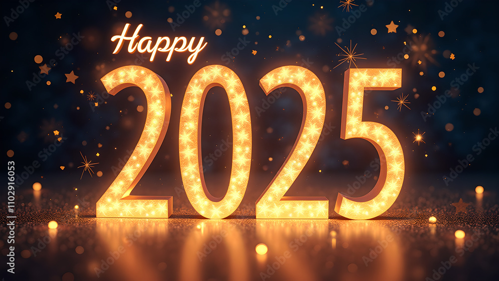 Happy New Year 2025 with glowing lights. Concept of celebration, holiday, and future. Happy New Year 2025 with glowing lights. Concept of celebration, holiday, and future.